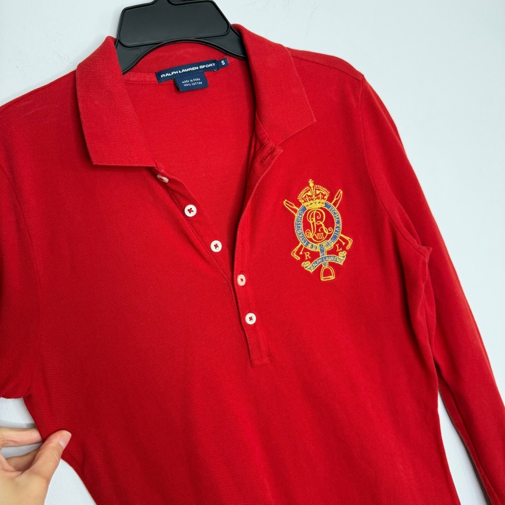 A14 Ralph Lauren Sport Red Long Sleeve Polo Dress Embroidered Crest Button S - Picture 2 of 4
